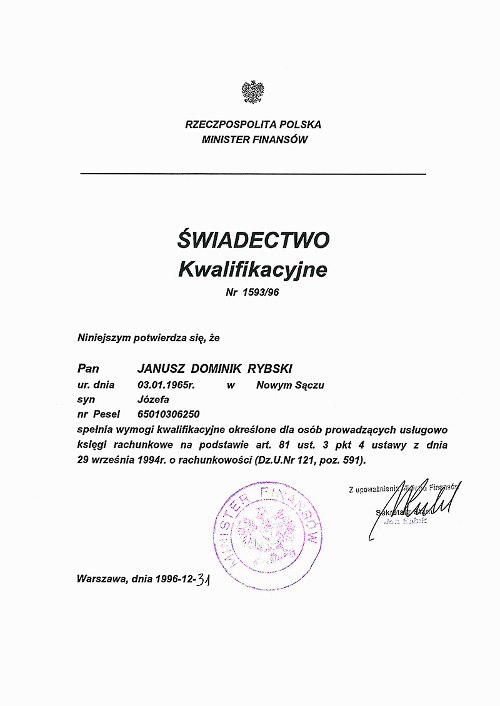 Certyfikat prowadzenie ksiąg rachunkowych Janusz Rybski